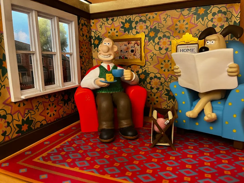 Another view of the painted Wallace and Gromit diorama